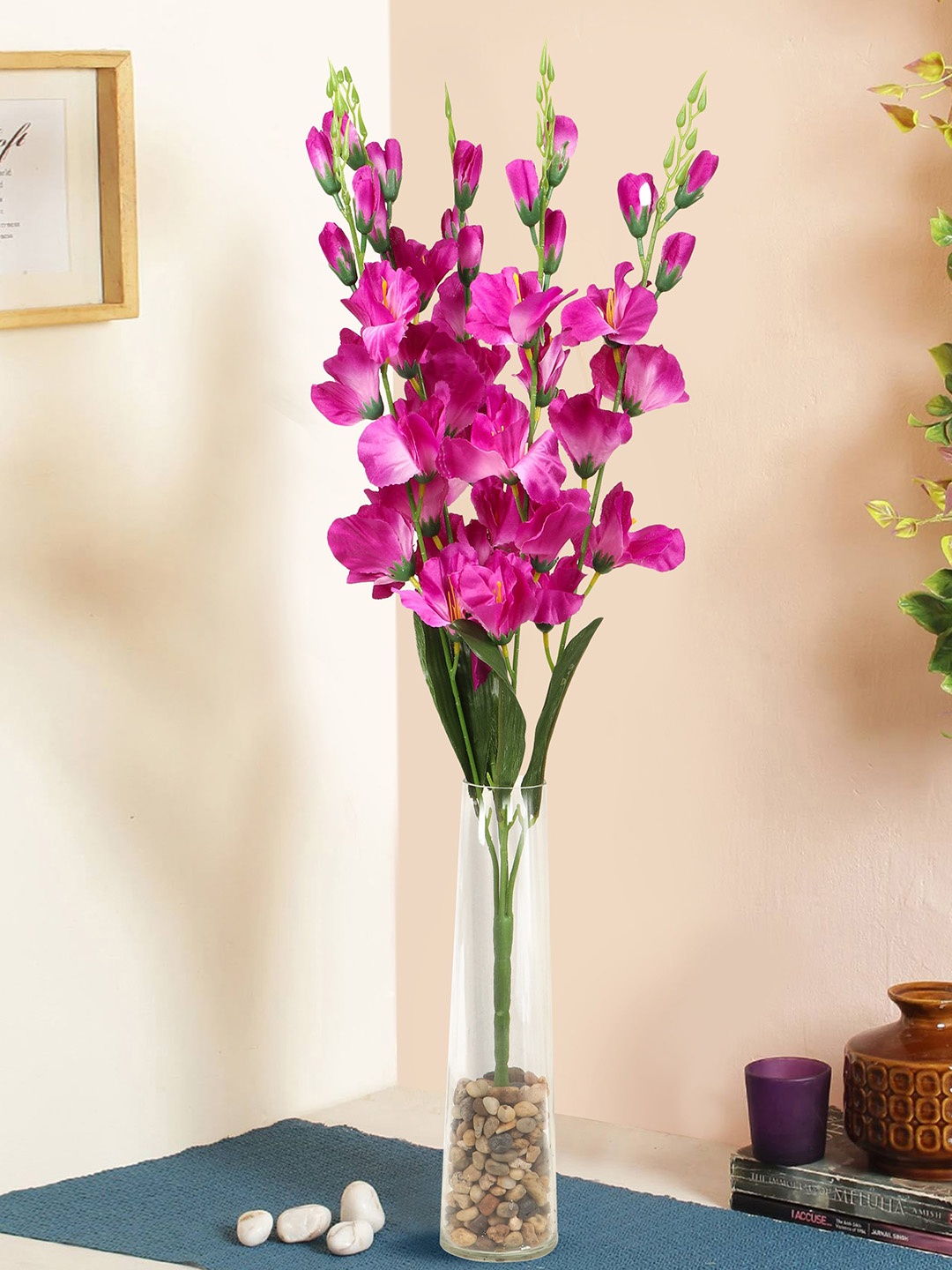 TIED RIBBONS Purple & Green Artificial Flower Bunch with Glass Vase