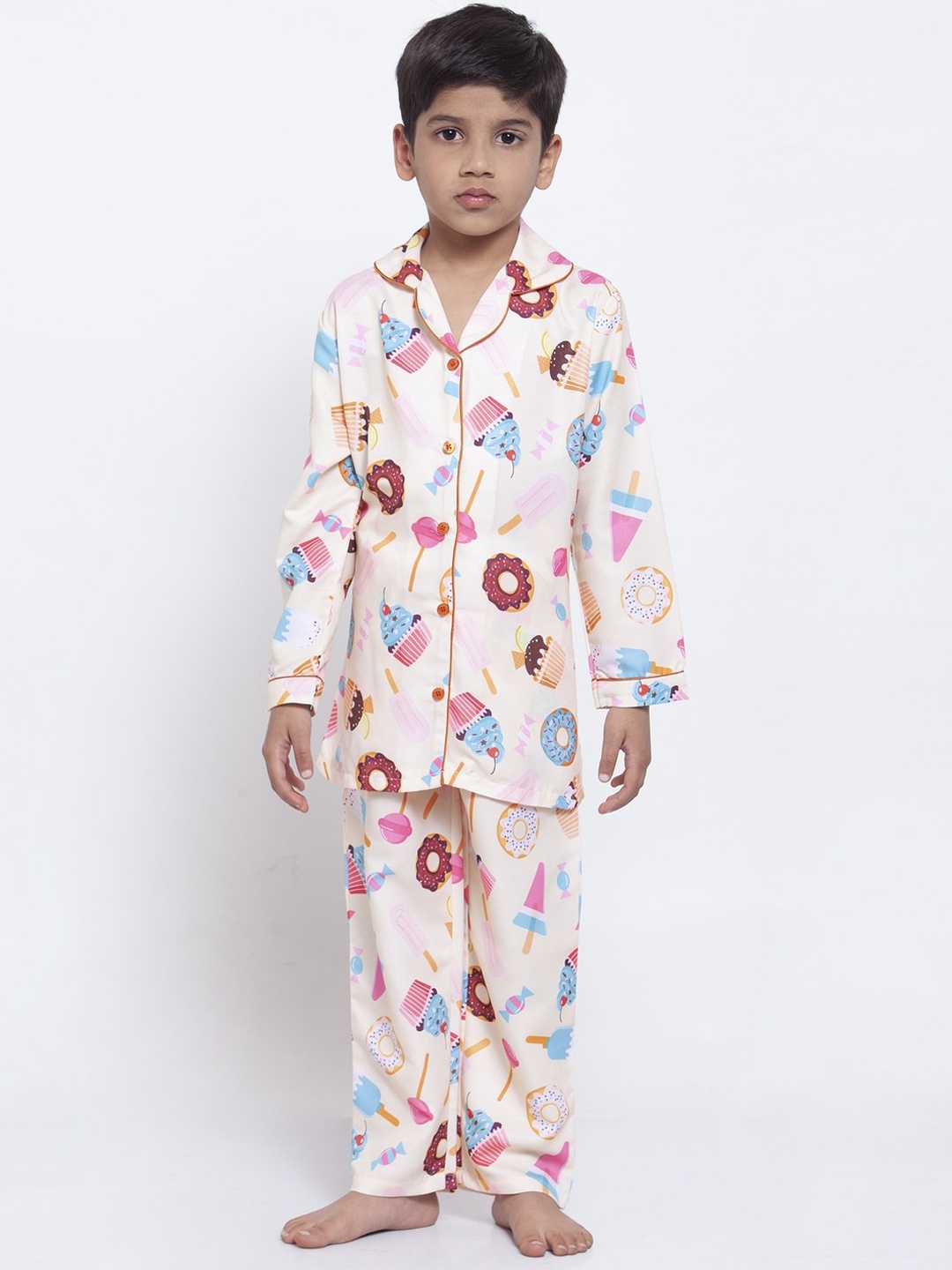 

MAXENCE Boys Off White & Pink Printed Night Suit