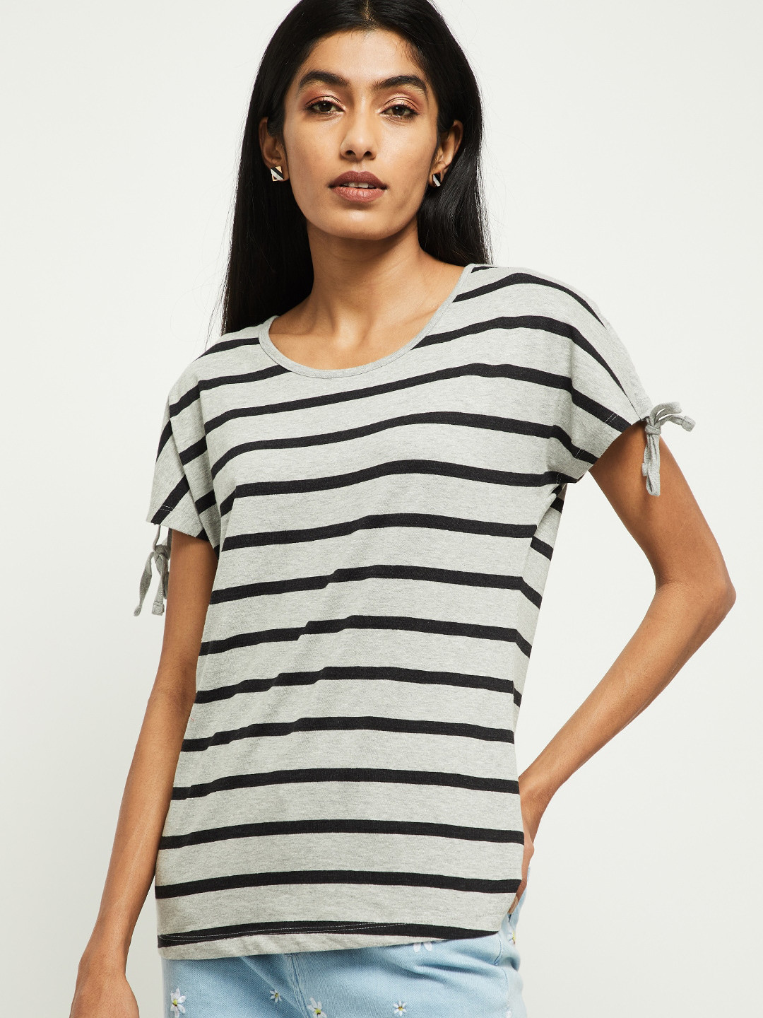 

max Women Grey Black Striped Round Neck Cotton Pure Cotton T-shirt