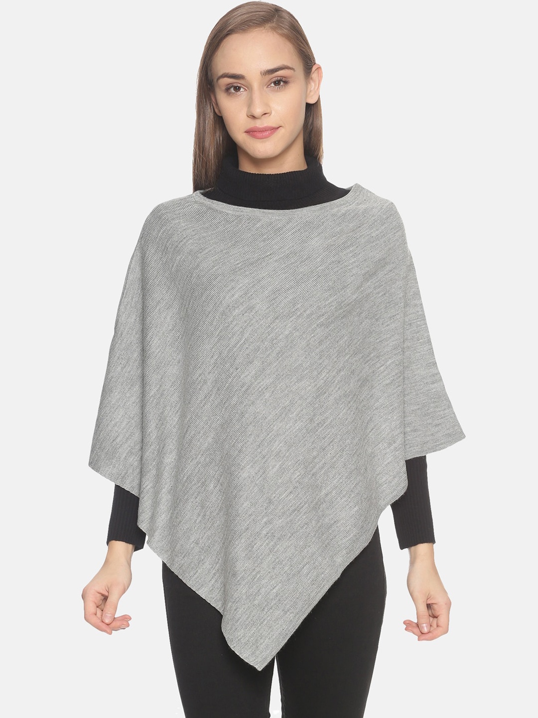 

513 Women Grey Melange Solid Poncho Sweater