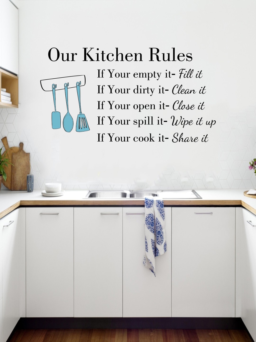 

rawpockets Teal Blue & Black Our Kitchen Rules Wall Sticker
