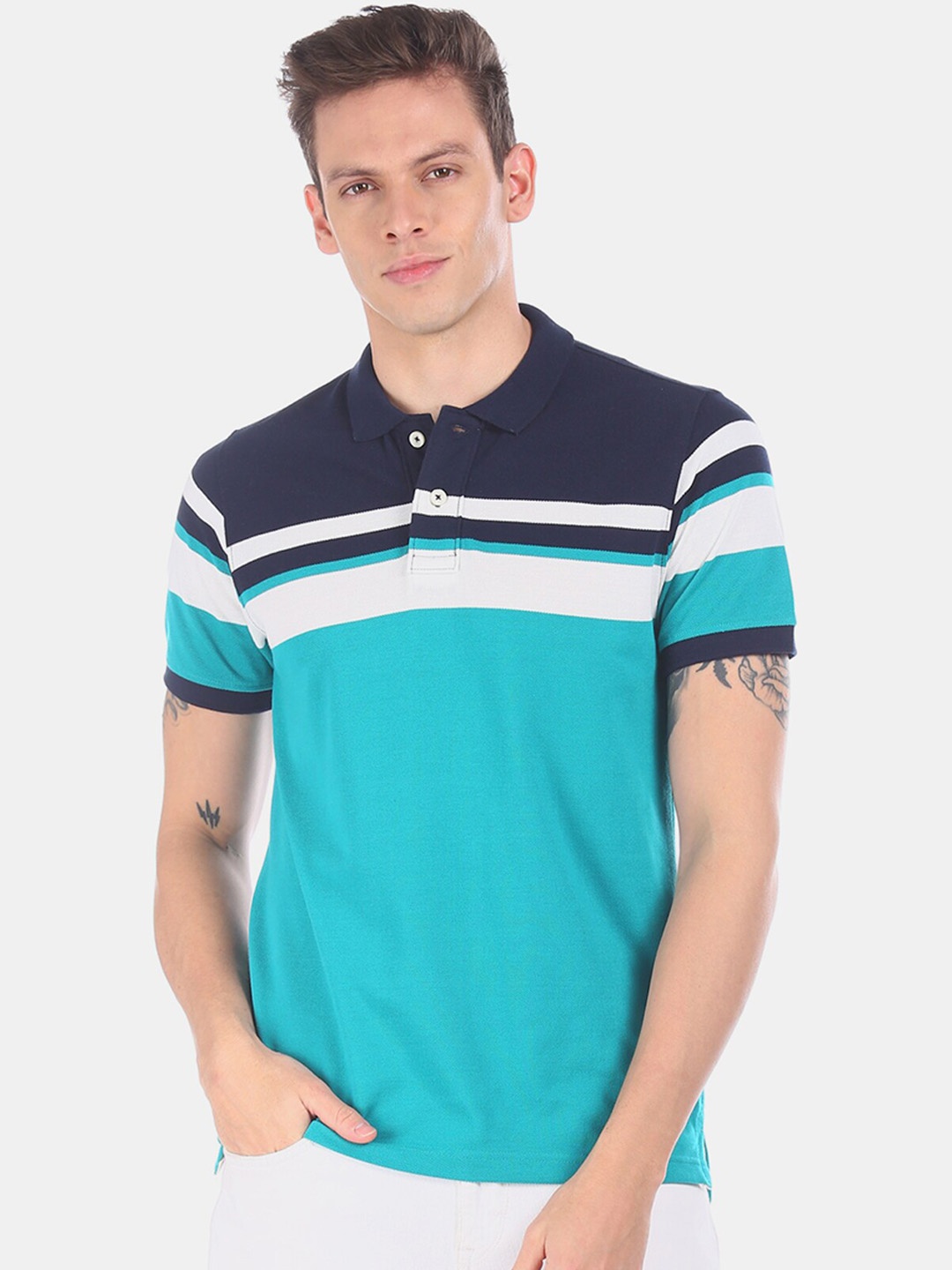 

Aeropostale Men Navy Blue & Sea Green Colourblocked Polo Collar T-shirt