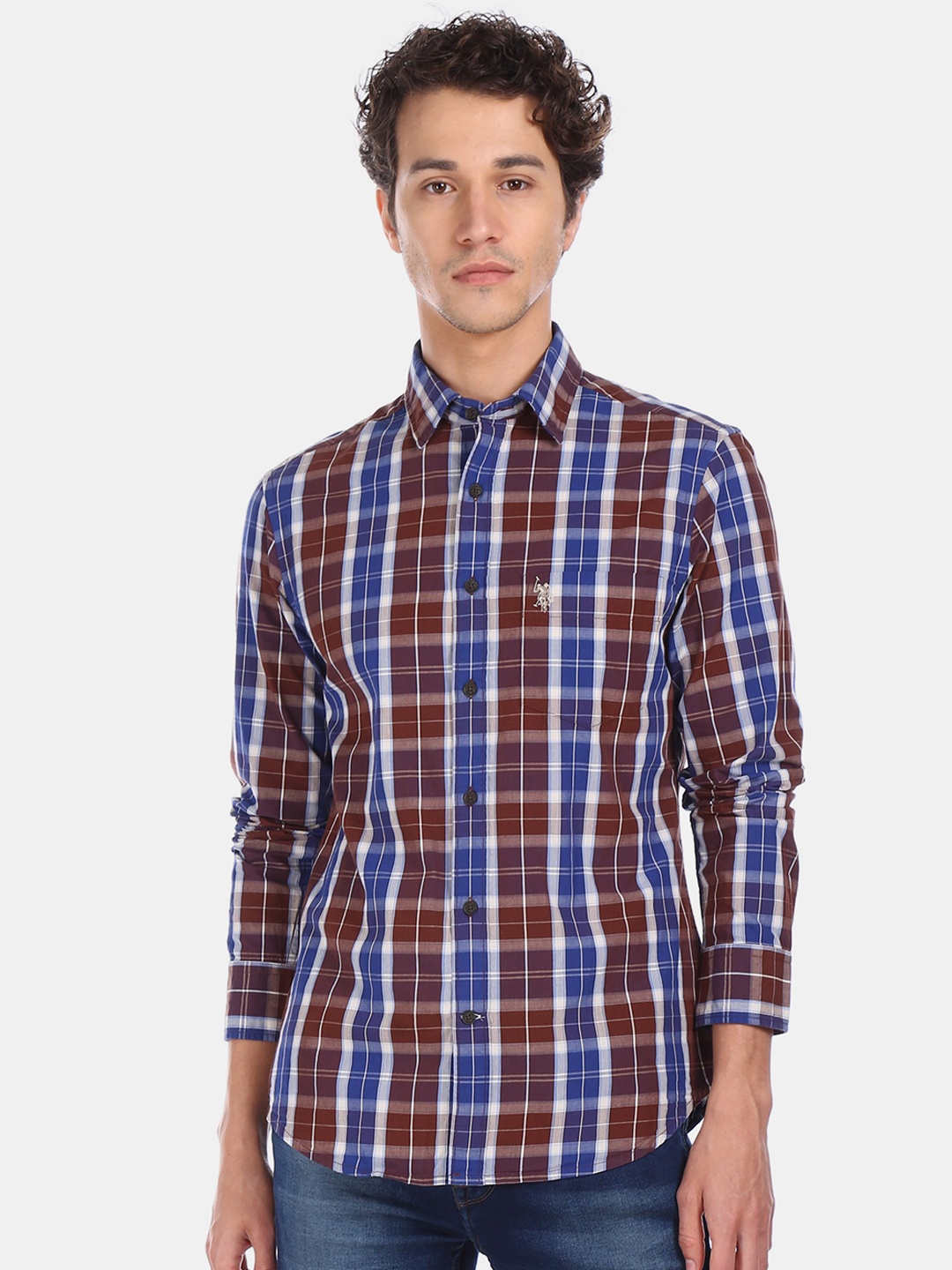 

U.S. Polo Assn. Men Navy Blue & Brown Regular Fit Checked Casual Shirt