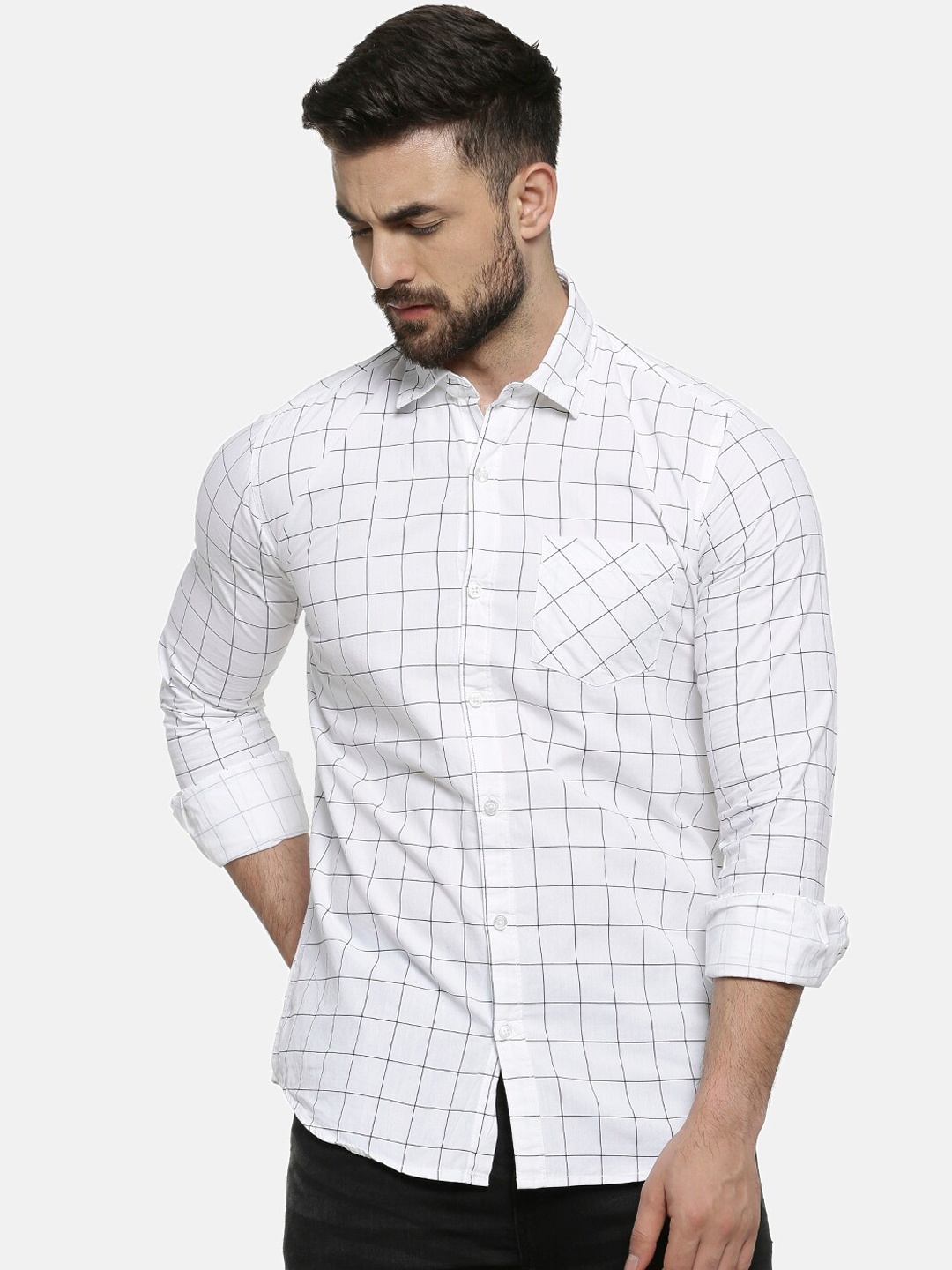 

Campus Sutra Men White & Grey Regular Fit Checked Casual Shirt