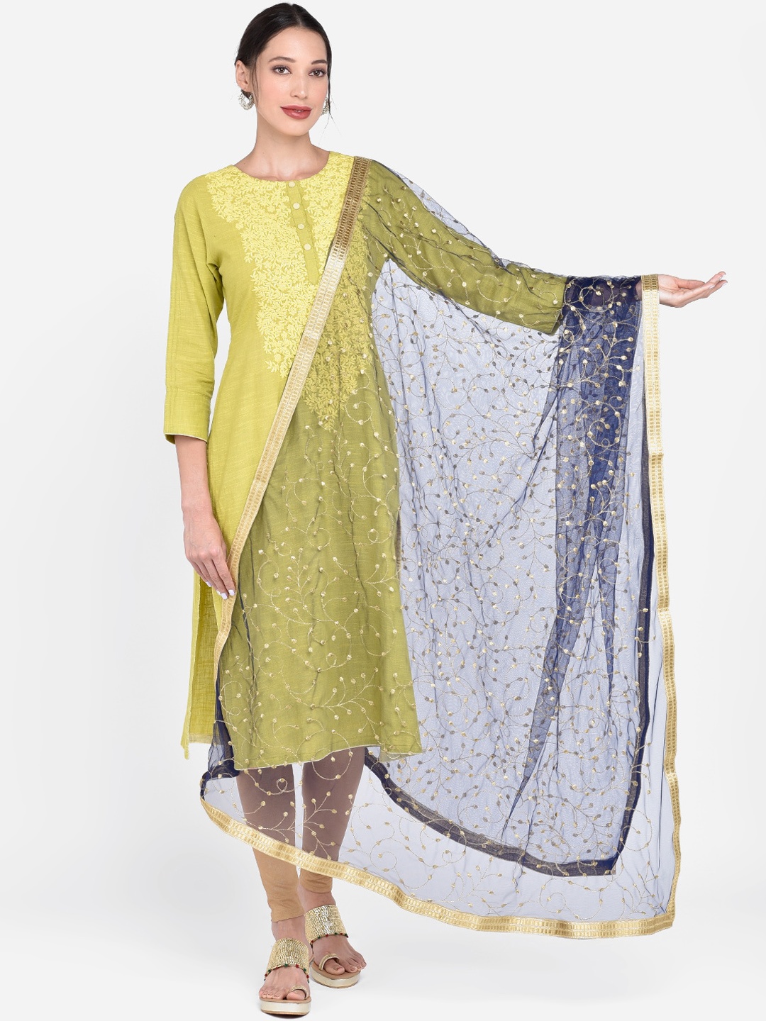Dupatta Bazaar Navy Blue & Gold-Toned Embroidered Dupatta
