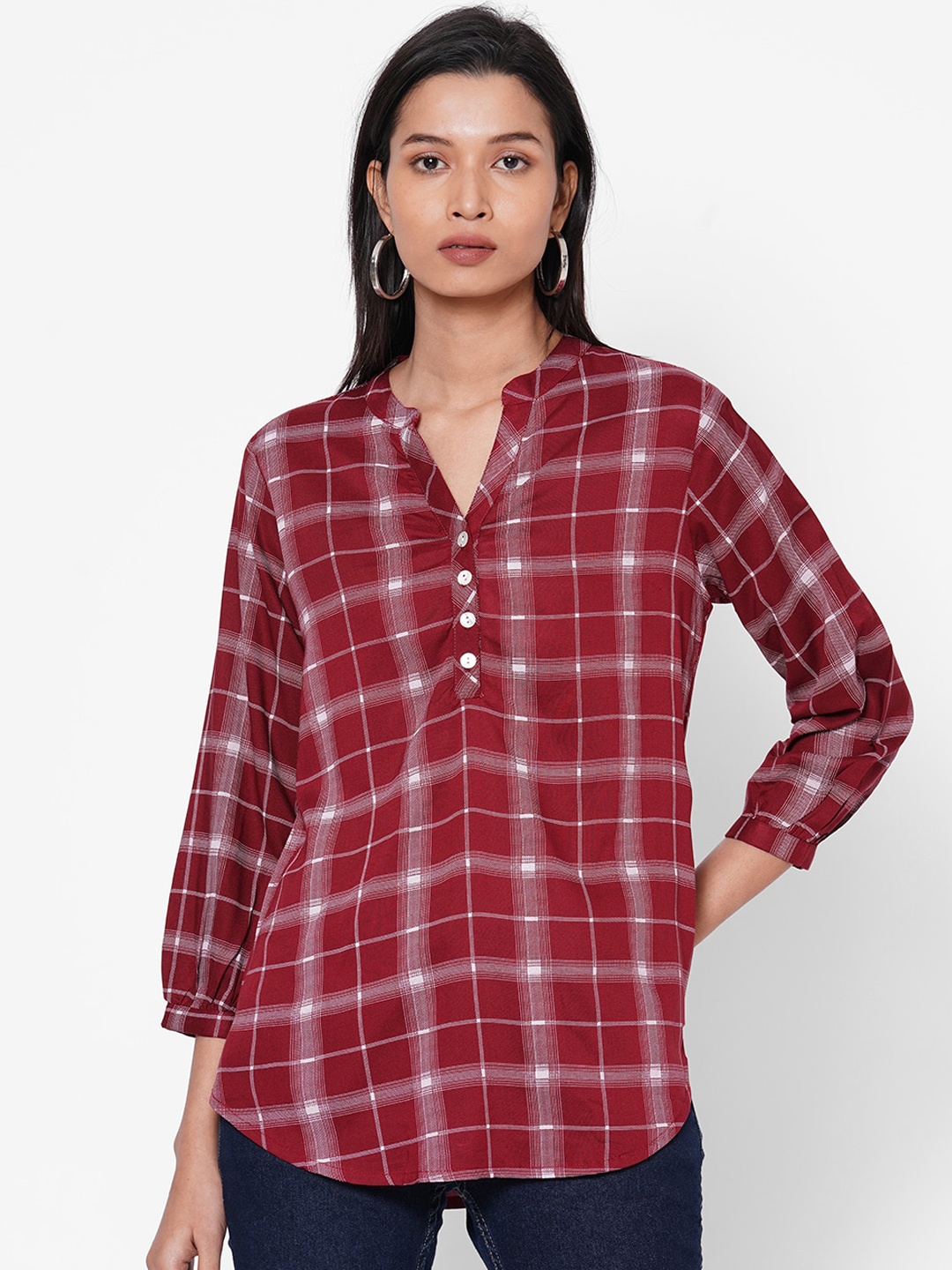 

109F Women Maroon Checked Top