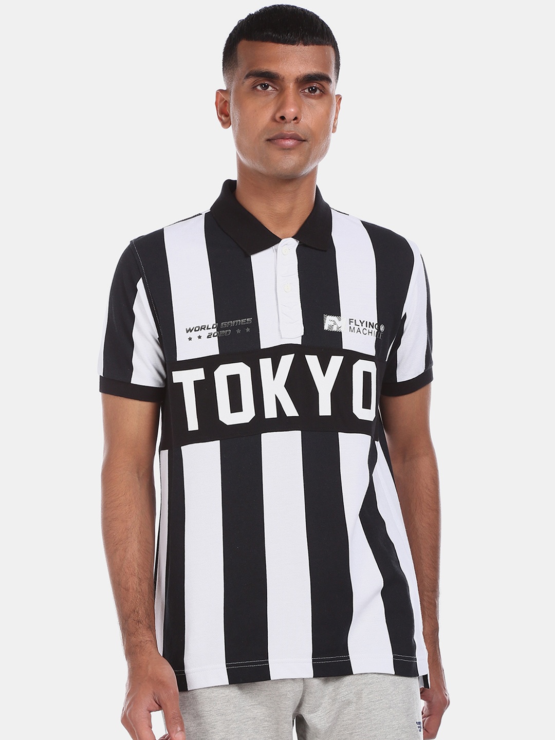 

Flying Machine Men Black White Striped Polo Collar Cotton Pure Cotton T-shirt