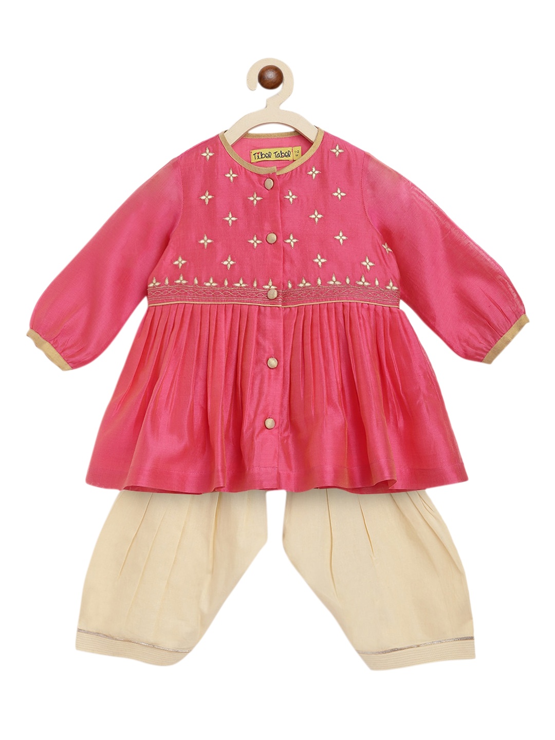 Tiber Taber Girls Pink & Beige Embroidered Kurta with Dhoti Pants