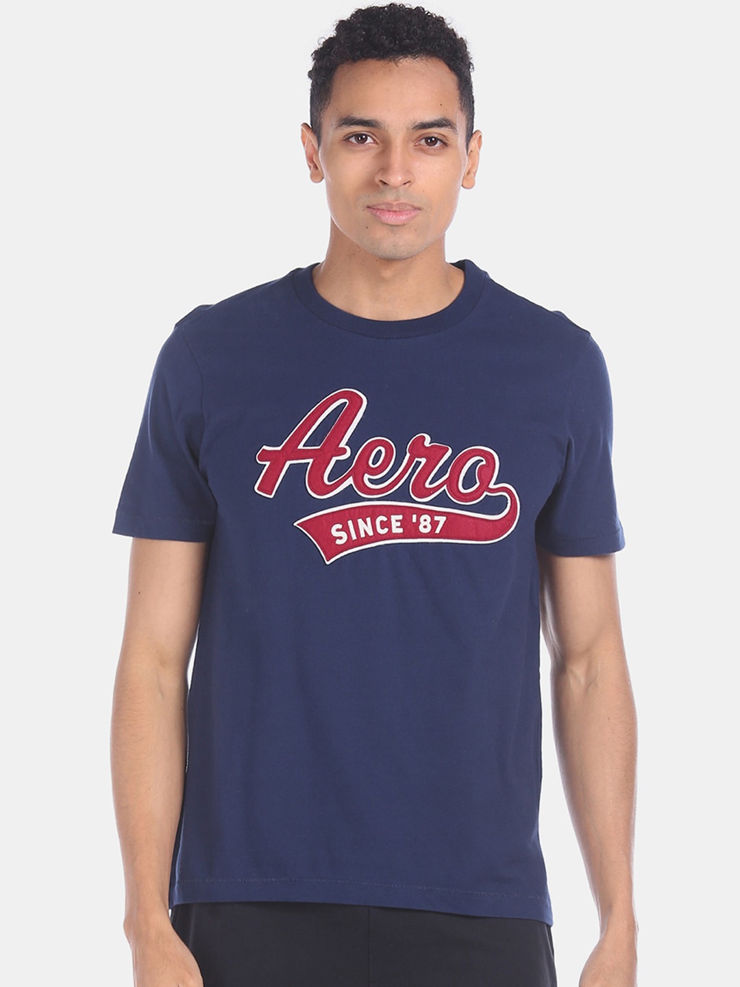 

Aeropostale Men Navy Blue Printed Round Neck Cotton Pure Cotton T-shirt