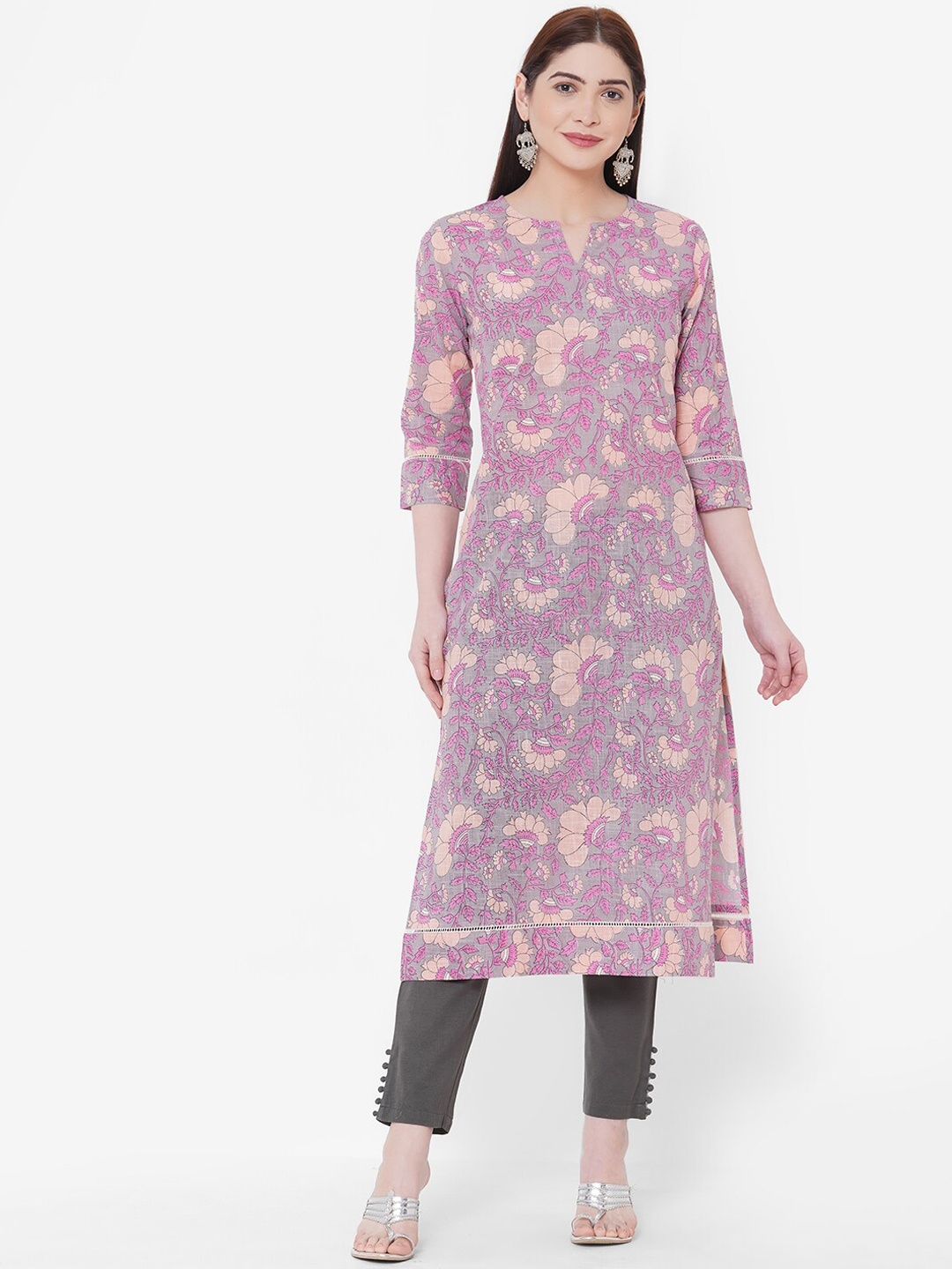 

Aprique FAB Grey & Pink Floral Printed Straight Kurta