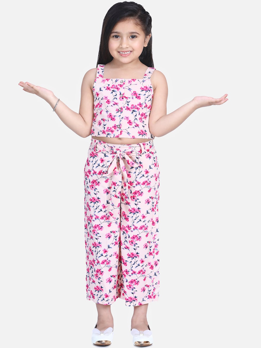 

naughty ninos Girls Pink & Blue Floral Printed Top with Palazzos