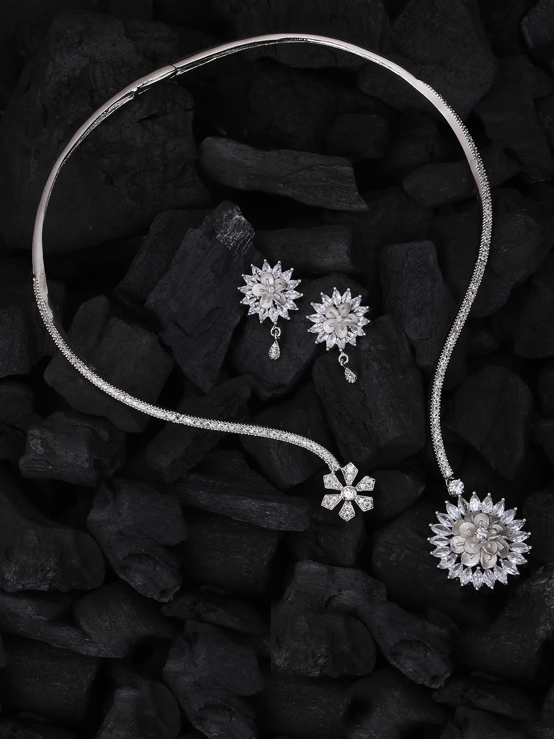 

Adwitiya Collection 24 CT Rhodium-Plated Silver-Toned & White CZ-Studded Handcrafted Jewellery Set