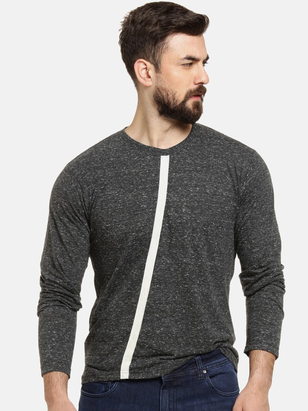 

Campus Sutra Men Charcoal Grey & White Colourblocked Round Neck T-shirt
