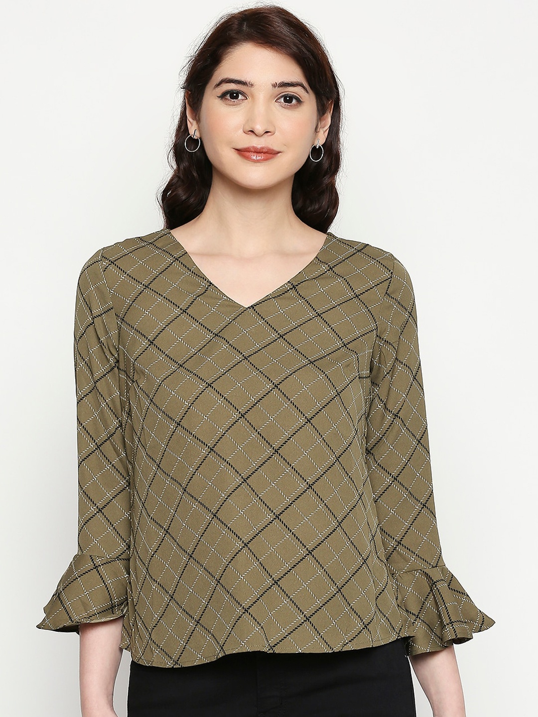 

Annabelle by Pantaloons Women Olive Green Checked Top