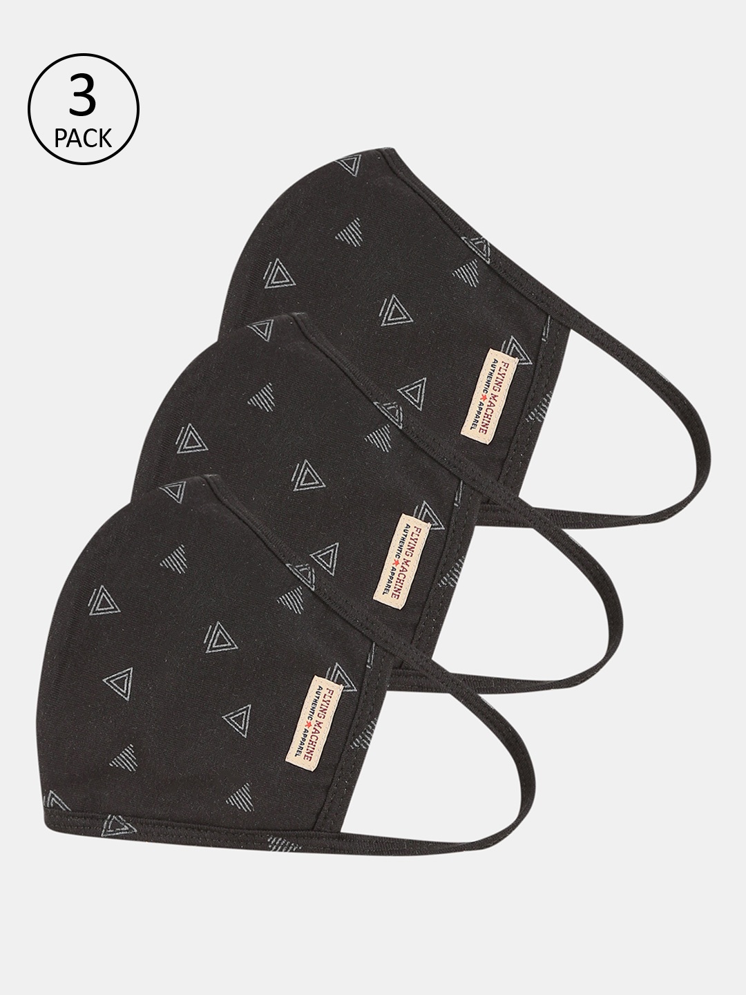 

Flying Machine Unisex Pack Of 3 Black & Grey Printed 3-Ply Reusable Cloth Masks