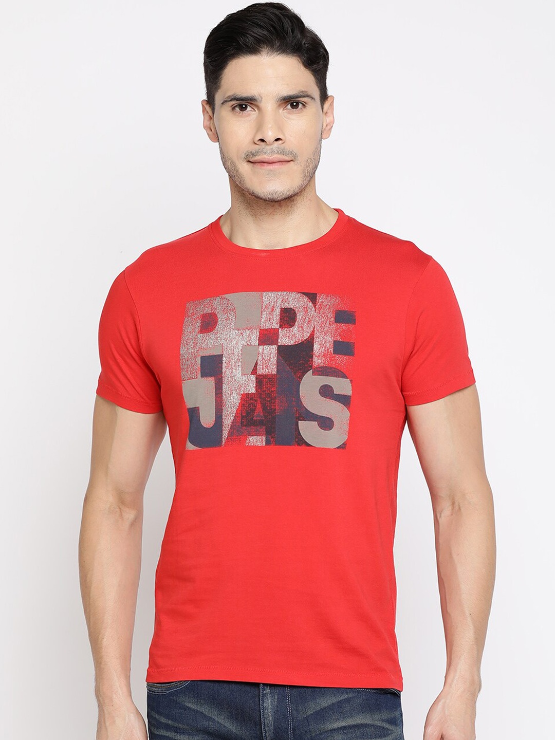 

Pepe Jeans Men Red Brand Logo Printed Round Neck T-shirt
