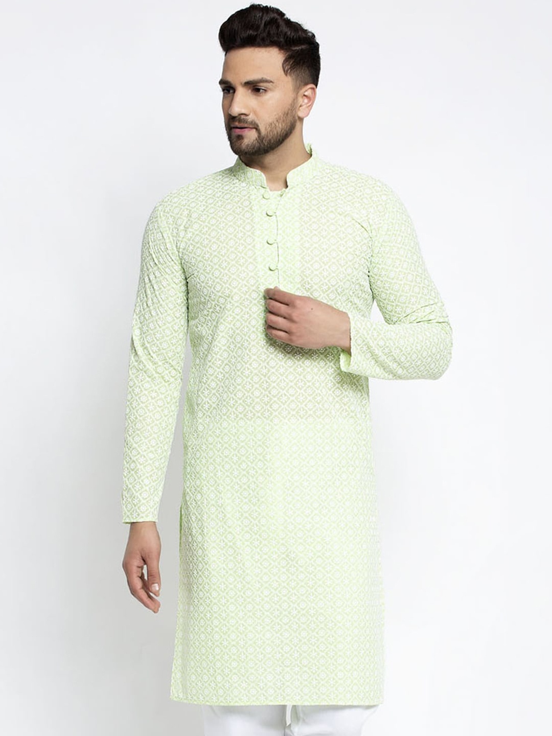 

Jompers Men Green Woven Design Straight Kurta