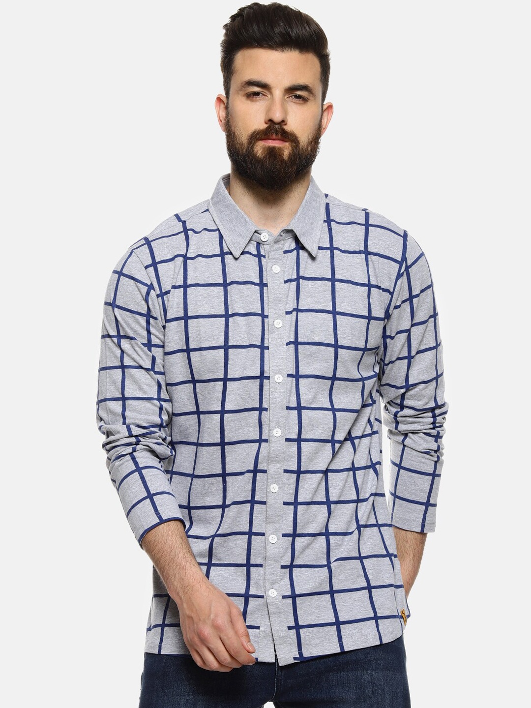 Campus Sutra Men Grey & Blue Regular Fit Checked Casual Shirt
