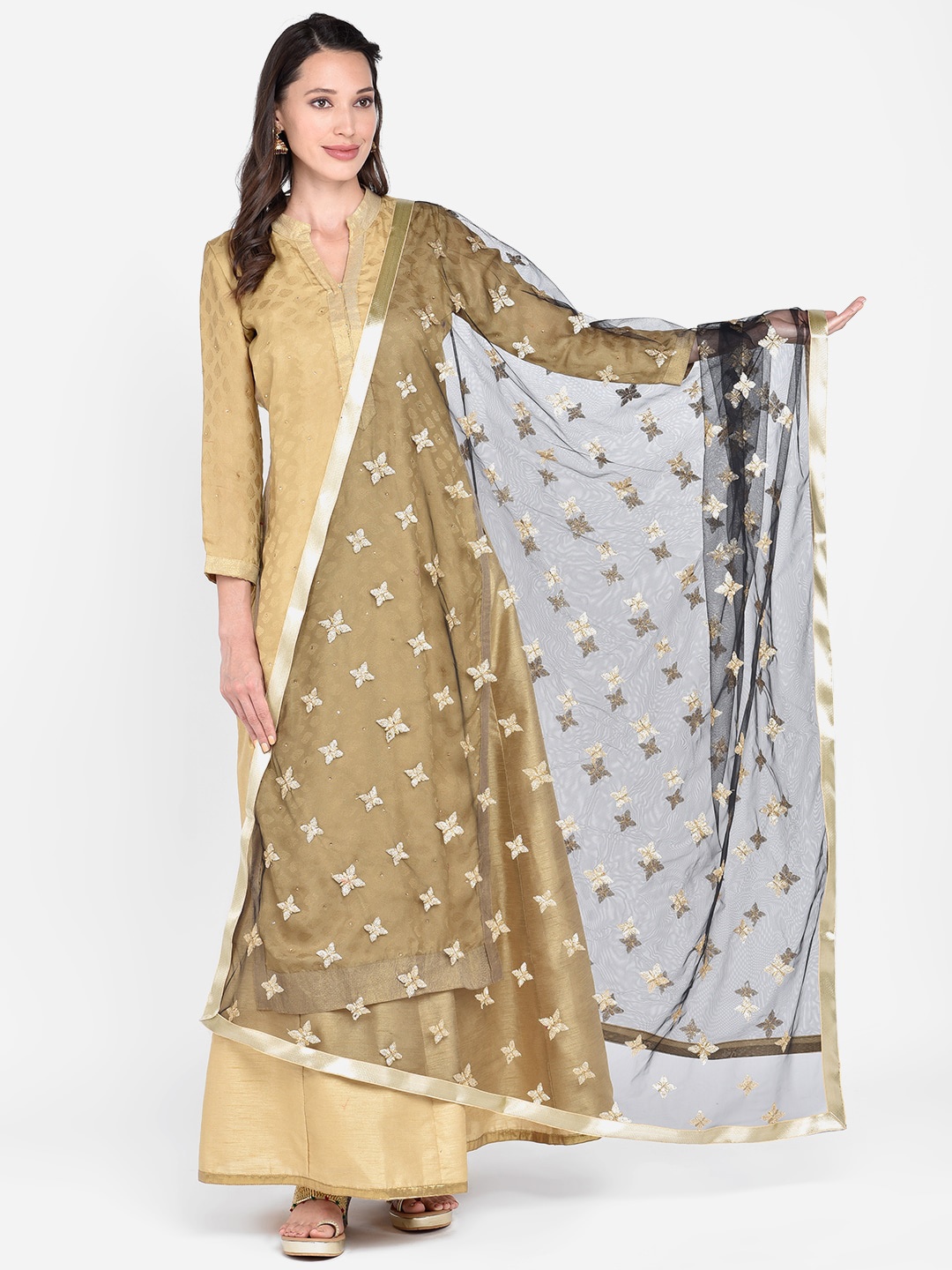 Dupatta Bazaar Black & Gold-Toned Embroidered Dupatta
