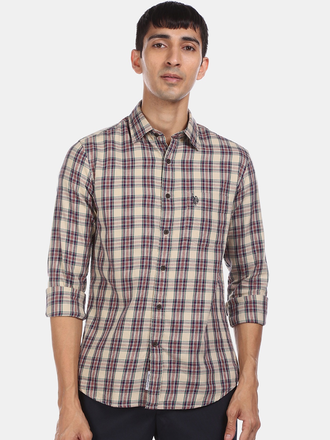 

U.S. Polo Assn. Men Beige & Maroon Regular Fit Checked Cotton Casual Shirt