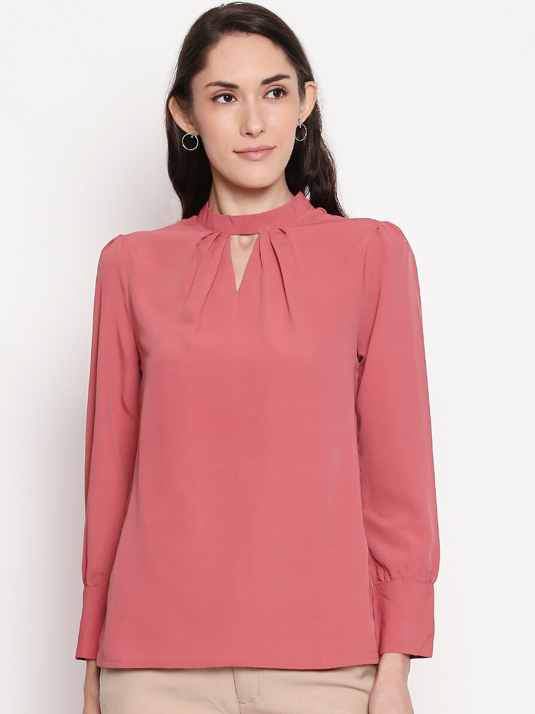 

Annabelle by Pantaloons Pink Solid Keyhole Neck Cuffed Sleeve Regular Top