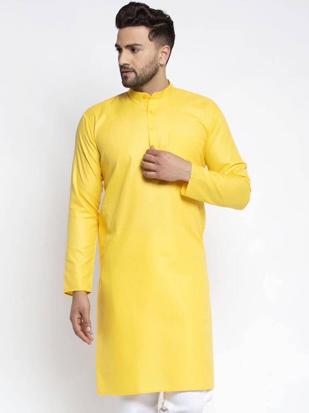 Jompers Men Yellow Solid Thread Work Kurta