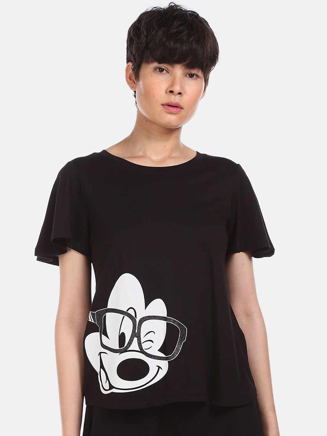 

Sugr Black Mickey Mouse Printed Flared Sleeves Top