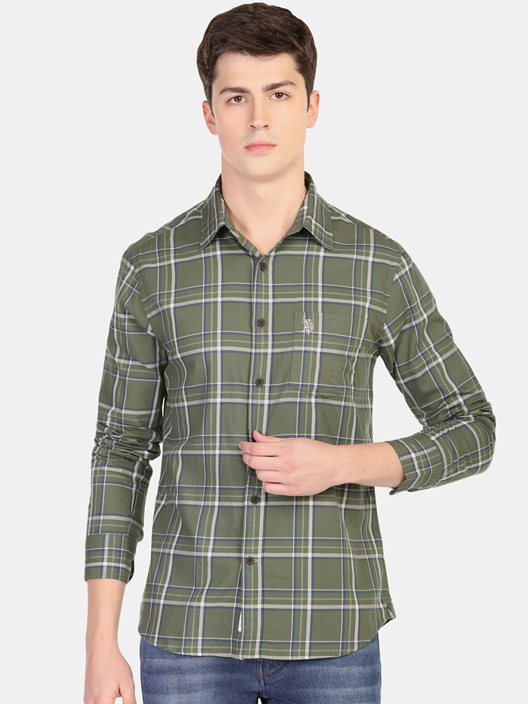 

U.S. Polo Assn. Men Olive Green Regular Fit Checked Casual Shirt