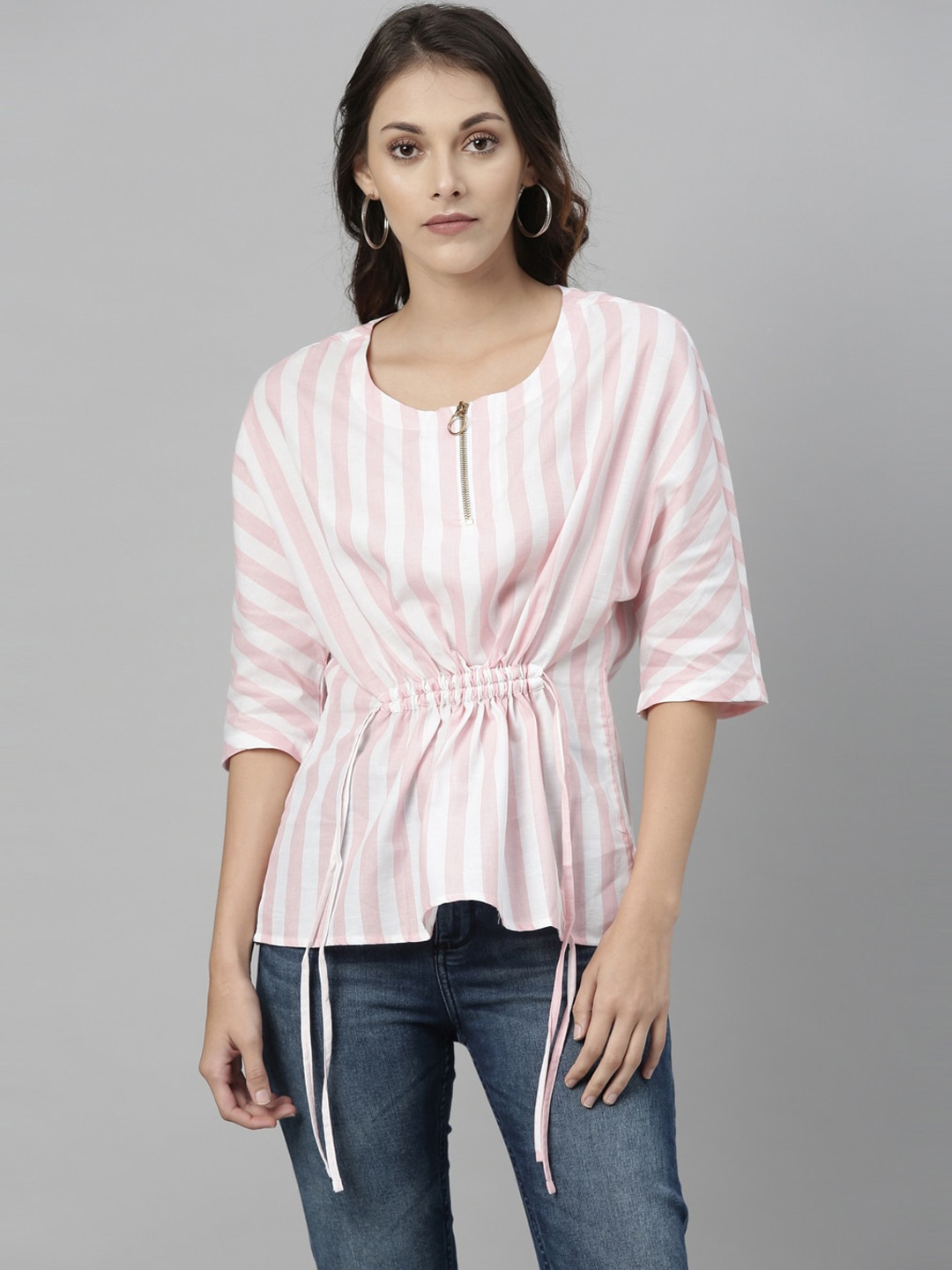 

RAREISM Women Pink Striped Cinched Waist Top