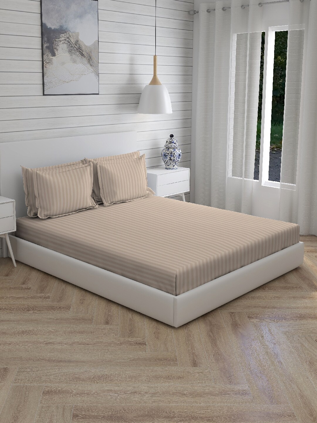 

Boutique Living India Beige Striped 600 TC Cotton 1 King Bedsheet with 4 Pillow Covers