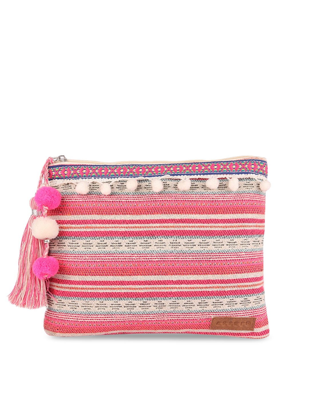 

ASTRID Pink & Off-White Woven Design Travel Pouch With Tassels