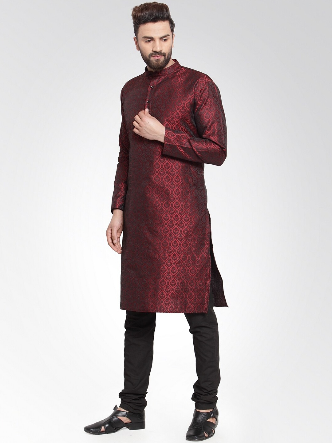 

Jompers Men Maroon & Black Woven Design Kurta with Churidar