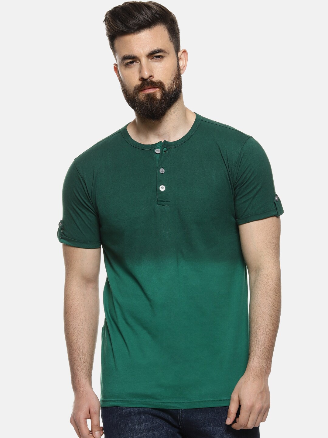

Campus Sutra Men Green Ombre Colourblocked Henley Neck T-shirt