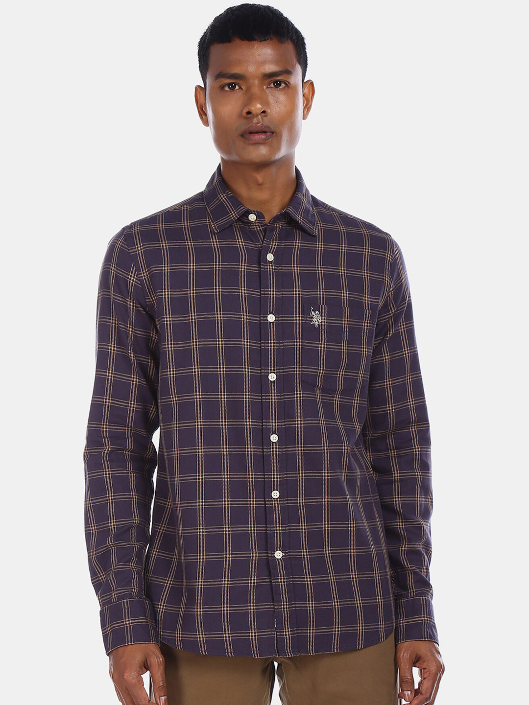 

U.S. Polo Assn. Men Purple & Beige Regular Fit Checked Cotton Casual Shirt