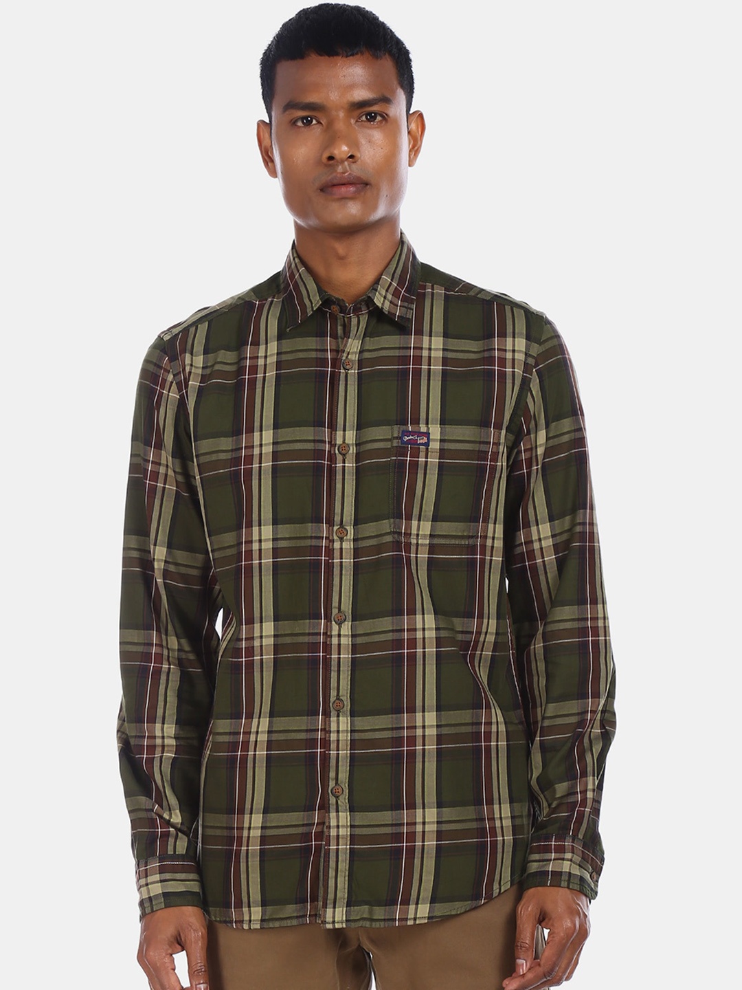 

U.S. Polo Assn. Denim Co. Men Olive Green & Brown Regular Fit Checked Casual Shirt