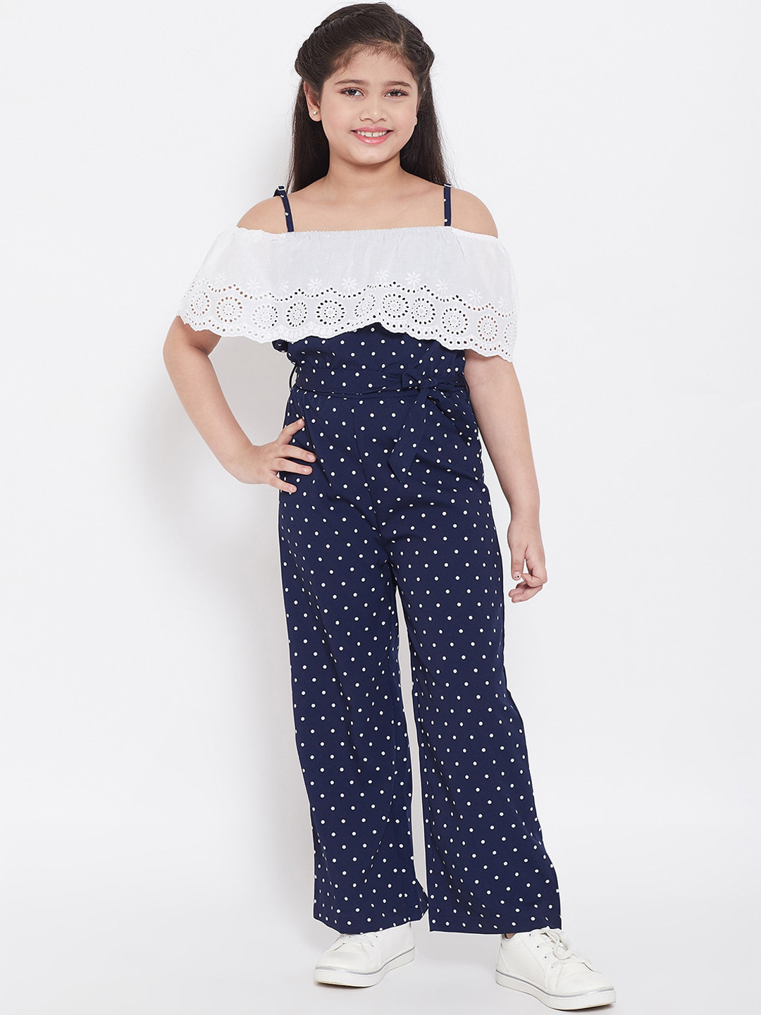 

Stylo Bug Girls Navy Blue & White Polka Dots Printed Basic Jumpsuit