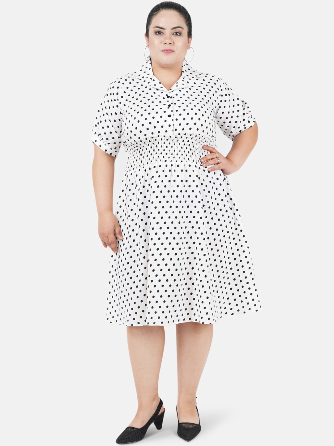 

Indietoga Women Plus Size White & Black Printed Fit and Flare Dress
