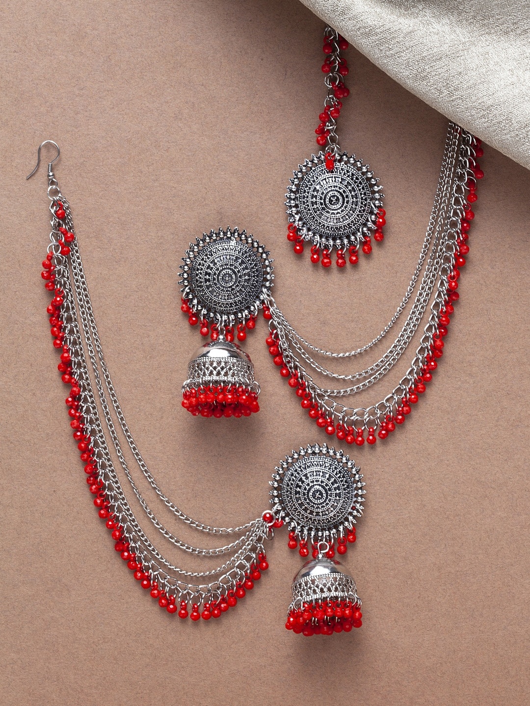 

Shining Diva Oxidized Silver-Toned & Red Beaded Jewellery Set