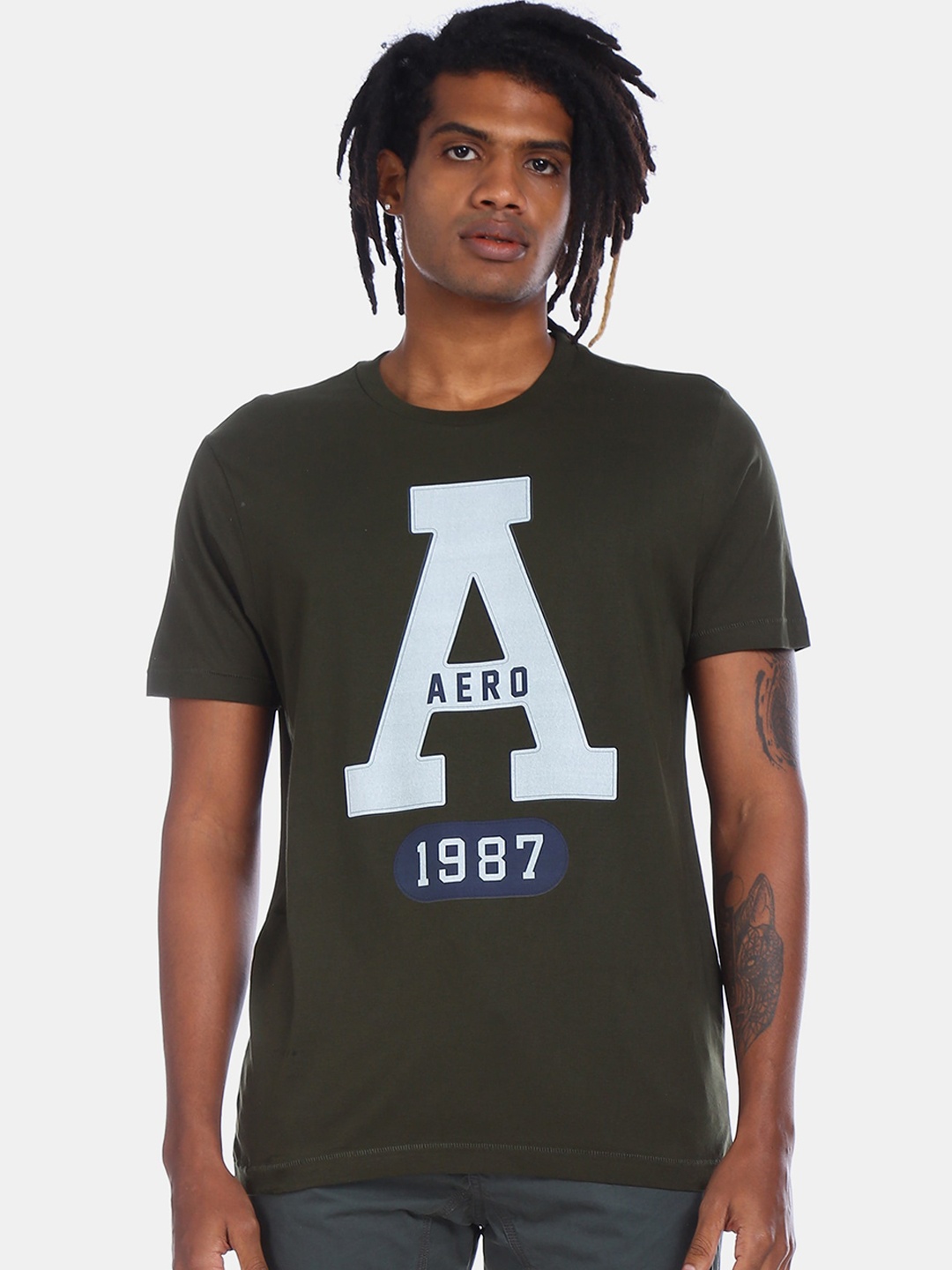 

Aeropostale Men Green & White Printed Round Neck T-shirt