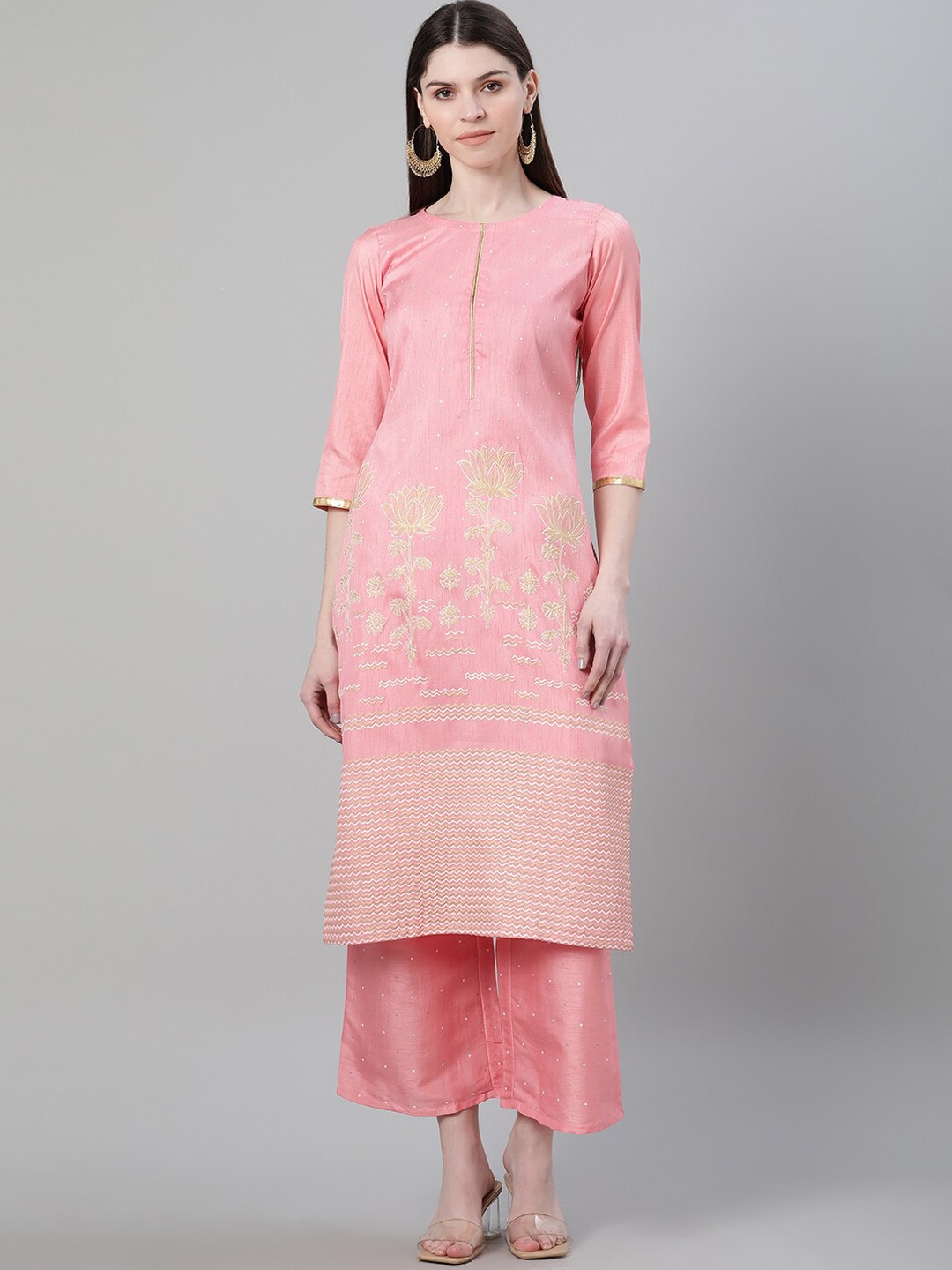 

ZIYAA Women Pink Foil Printed Kurta with Trousers