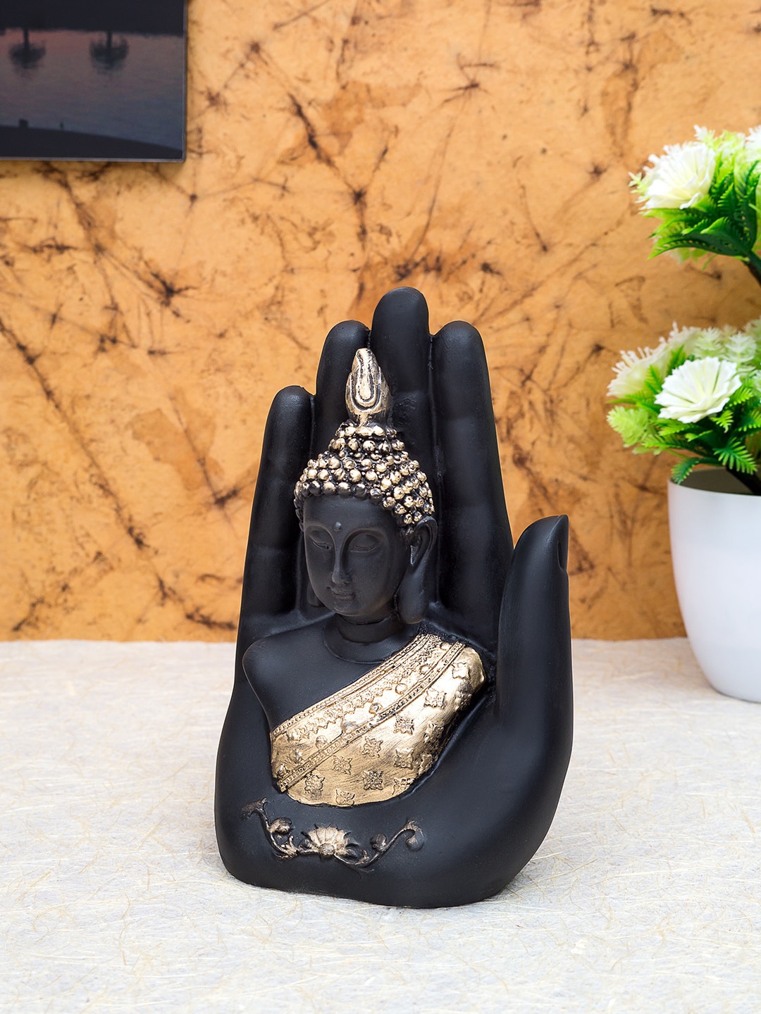 

Golden Peacock Black & Gold-Toned Painted Handcrafted Palm Buddha Figurine