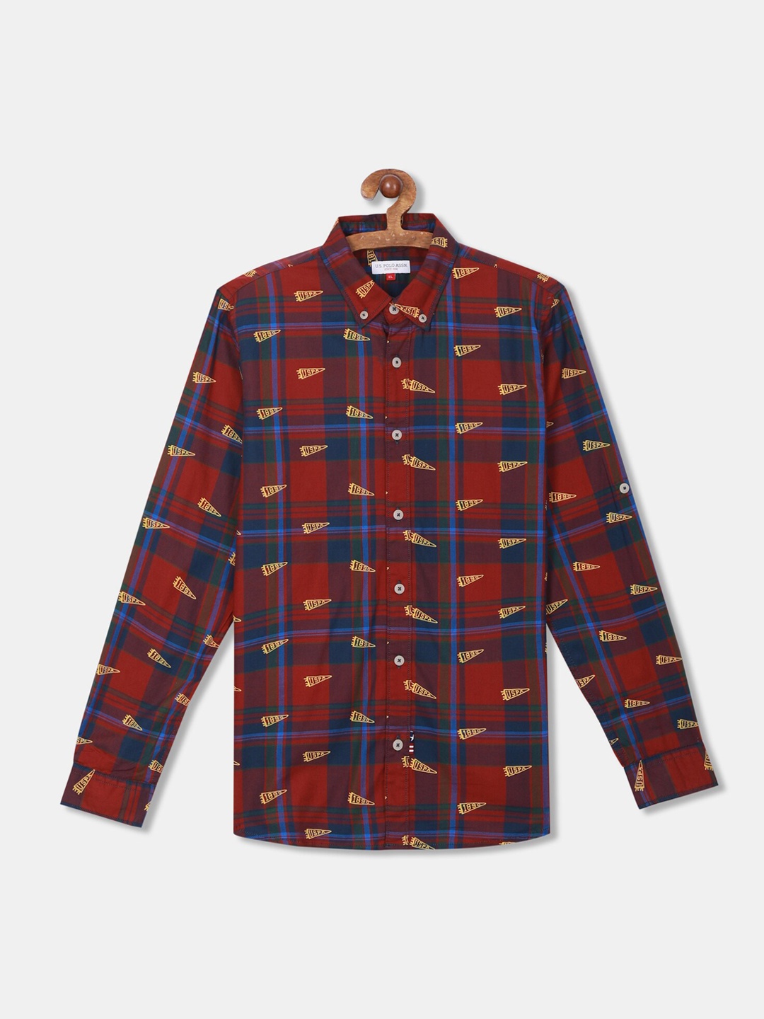 

U.S. Polo Assn. Kids Boys Red & Navy Blue Regular Fit Checked Casual Shirt