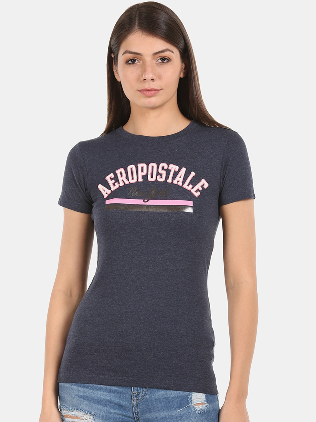 Aeropostale Women Blue Printed Round Neck T-shirt
