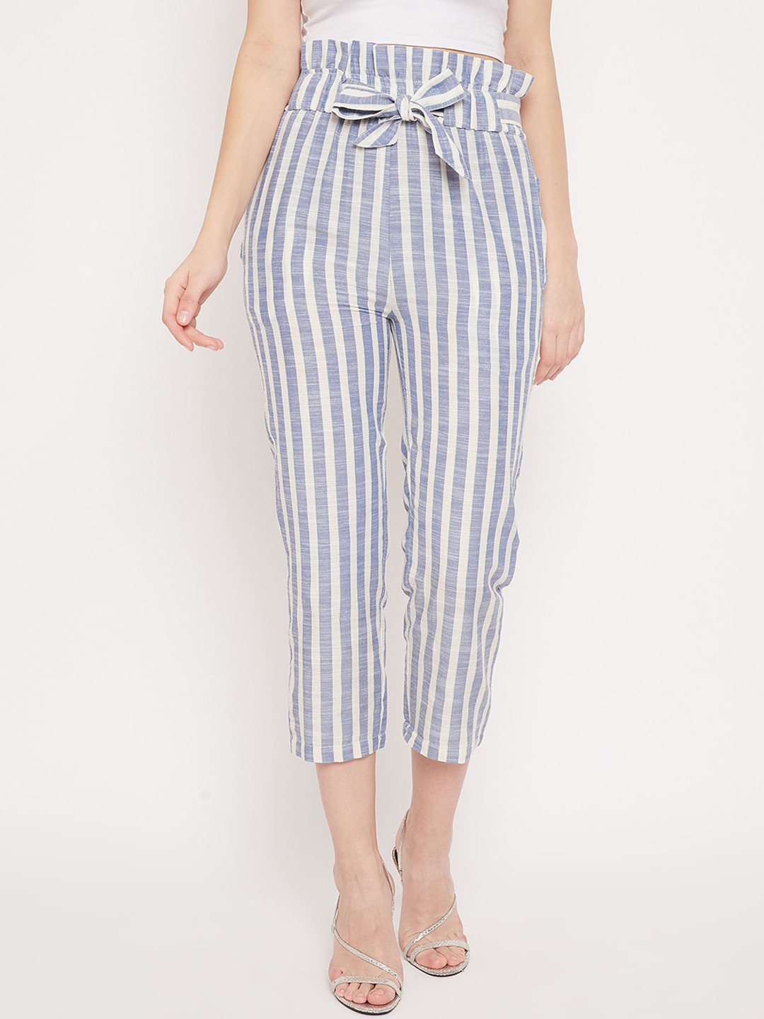 

PANIT Women Blue & White Regular Fit Striped Regular Trousers