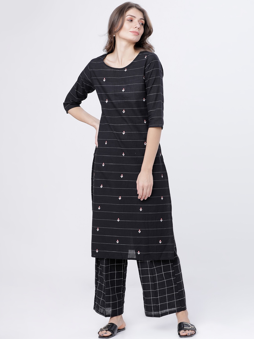 Vishudh Black Striped A-line Kurta