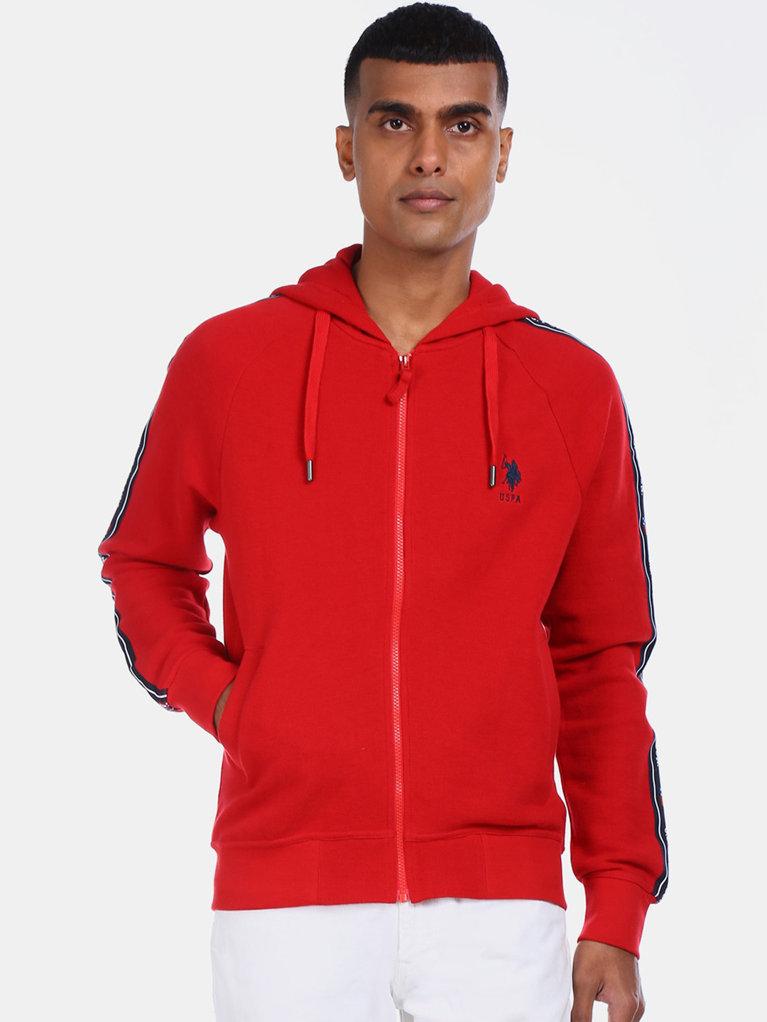 

U.S. Polo Assn. Men Red Solid Hooded Sweatshirt with Side Stripes