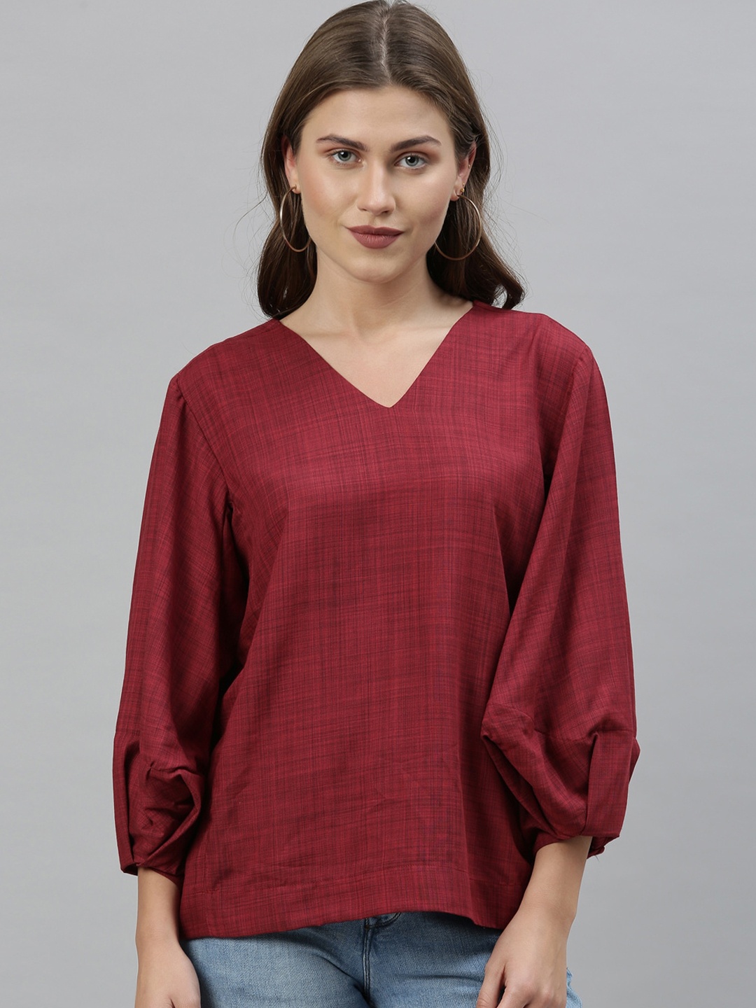 

RAREISM Women Maroon Solid Kimono Sleeves Top
