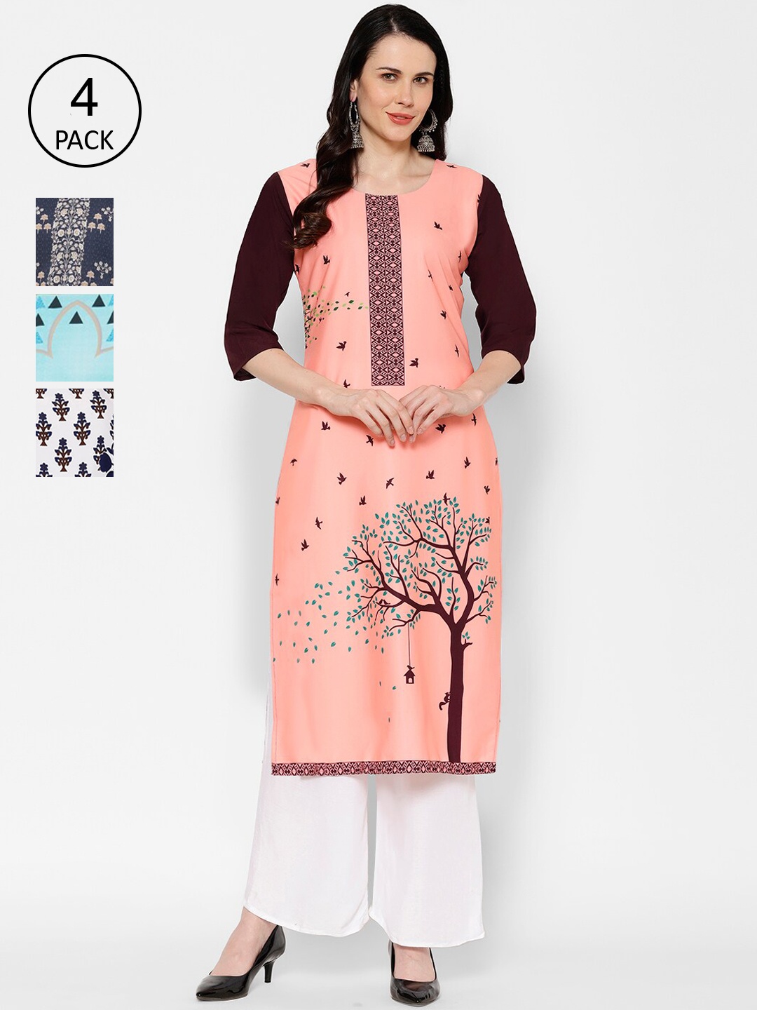 

7Threads Women Pack Of 4 Printed Crepe Straight Kurta, Multi