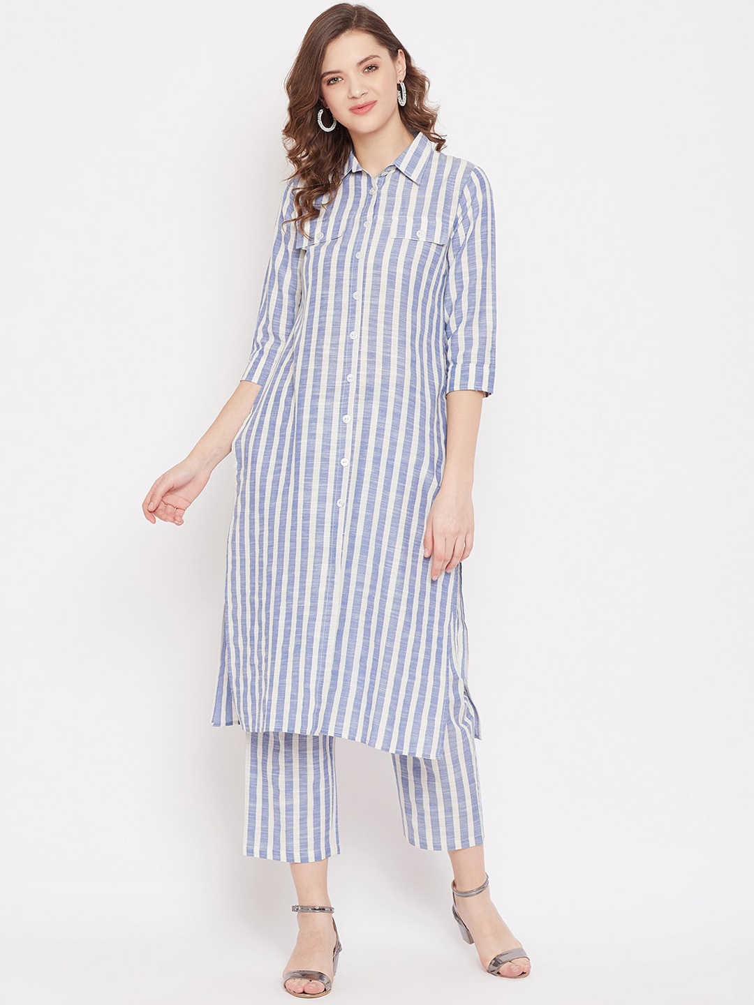 

PANIT Women White & Blue Striped Kurta with Trousers