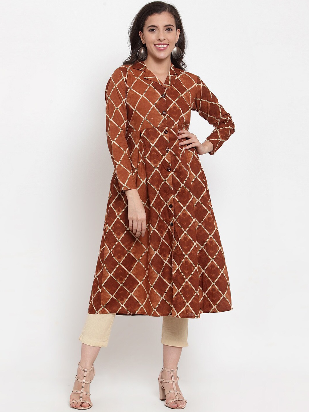 Indibelle Women Brown & Cream-Coloured Printed Kurta with Trousers